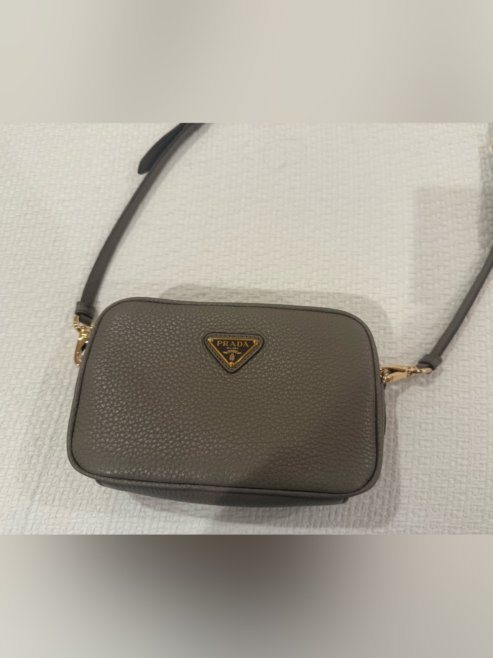 Authentic Prada Taupe Pebbled Leather Cross Body with Gold Logo - BRAND NEW